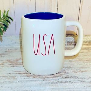 Rae Dunn USA mug with blue interior and red letters